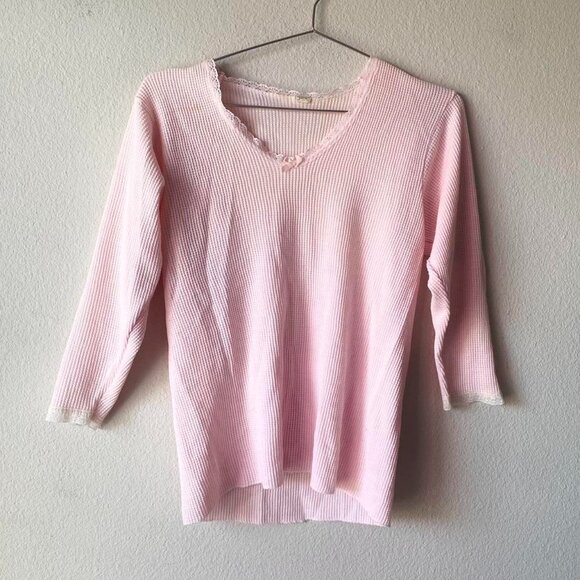80s Made in USA Fruit of the Loom Pink Waffle Knit Thermal Shirt Women's L - Picture 1 of 5